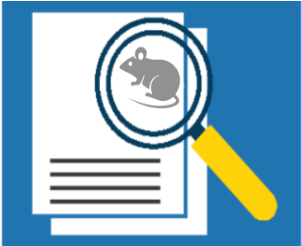 A cartoon image of a microscope looking at mouse silhouette on a blank document 