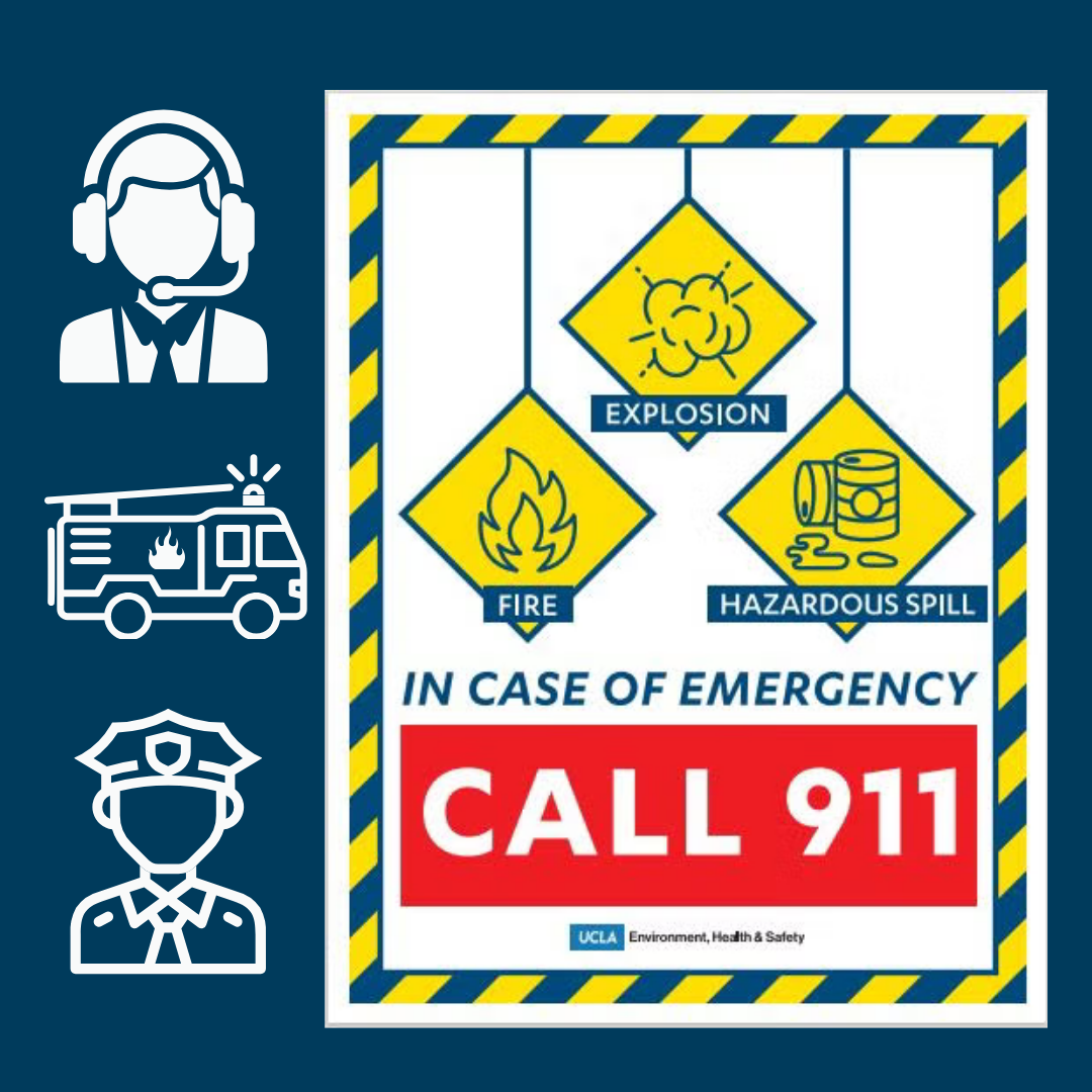 Emergency symbols for explosion, fire, spill; call 911 highlighted.