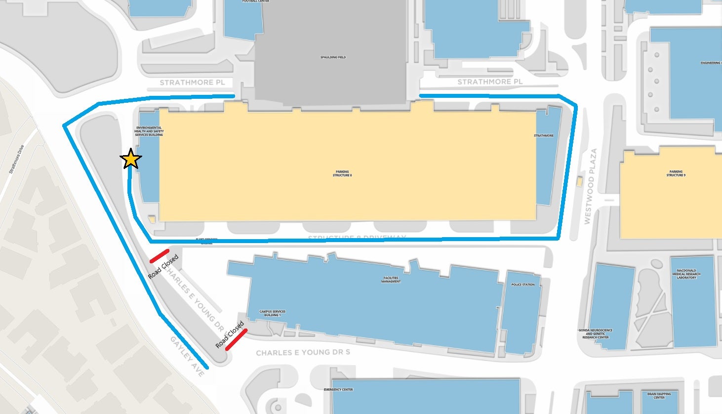 Image of UCLA Map with detour route to SAFE Center