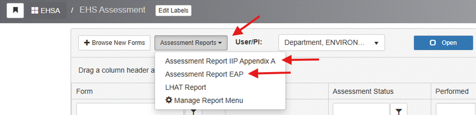 Dropdown menu with options for assessment reports and graphs.
