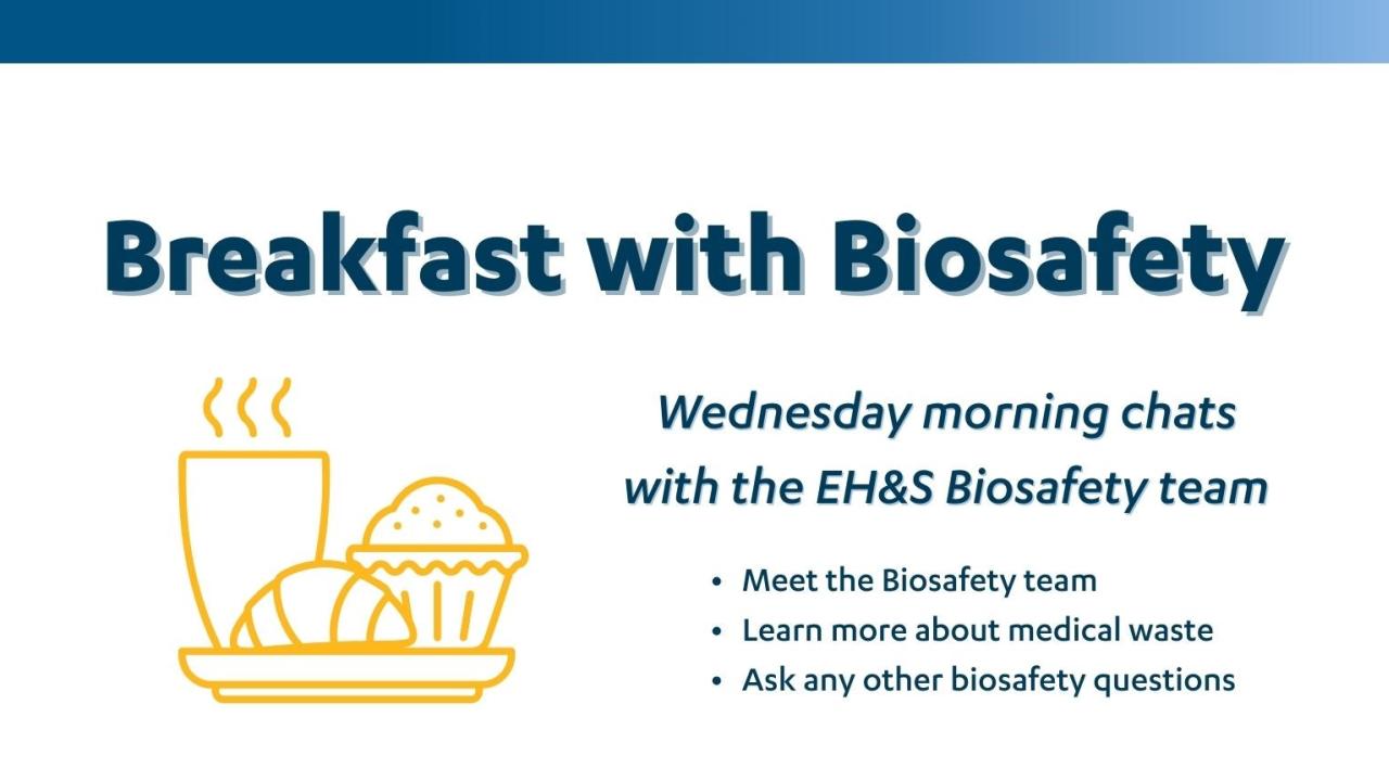 Breakfast with Biosafety, coffee and baked goods, event activities - meet the team, learn about medical waste, ask questions