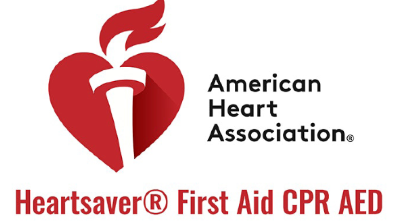 American Heart Association with logo. Below that is course title: Heartsaver First Aid CPR AED