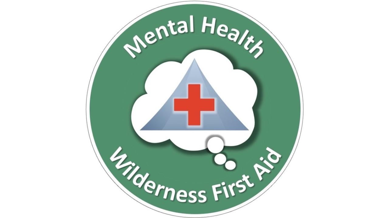 Thought bubble with a mountain overlayed with a red cross, on a circular green background with Mental Health written above, and Wilderness First Aid written below.