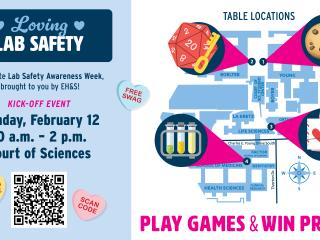 Loving Lab Safety flyer. EH&S Lab Safety Awareness Week, Kick-off event Monday, Feb 12 from 10 am to 2 pm. Includes map showing locations of event tables on campus.