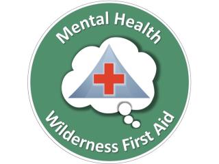 Thought bubble with a mountain overlayed with a red cross, on a circular green background with Mental Health written above, and Wilderness First Aid written below.